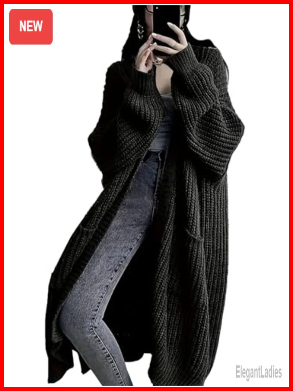 Plus Size Chunky Knit Long Cardigan Open Front Duster with Pockets